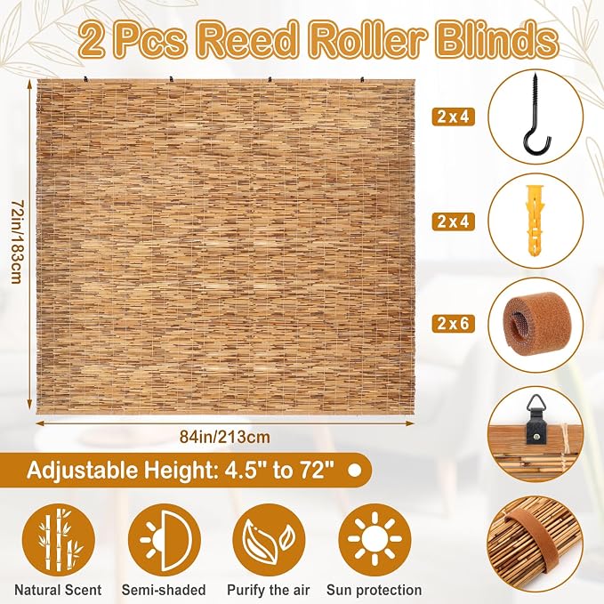 DoubleFill 2 Pcs Bamboo Shades Outdoor Reed Roll Up Blinds 84" W X 72" H Blackout Sunshade Cordless Bamboo Blinds for Home Porch, Patio & Windows Decor Shutters Sunlight Privacy Screen (Carbon Brown)