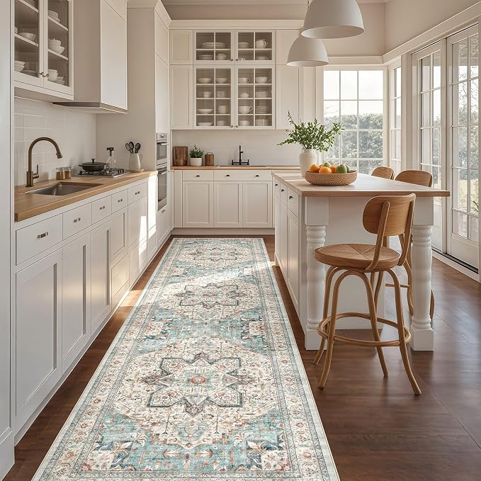 Tortania Area Rug 3x10 Runner Rugs - Washable Vintage Oriental Farmhouse Thin Indoor Carpet for Living Room Bedroom Hallway Entryway Kitchen Under Dining Table Home Office - Aqua Multi