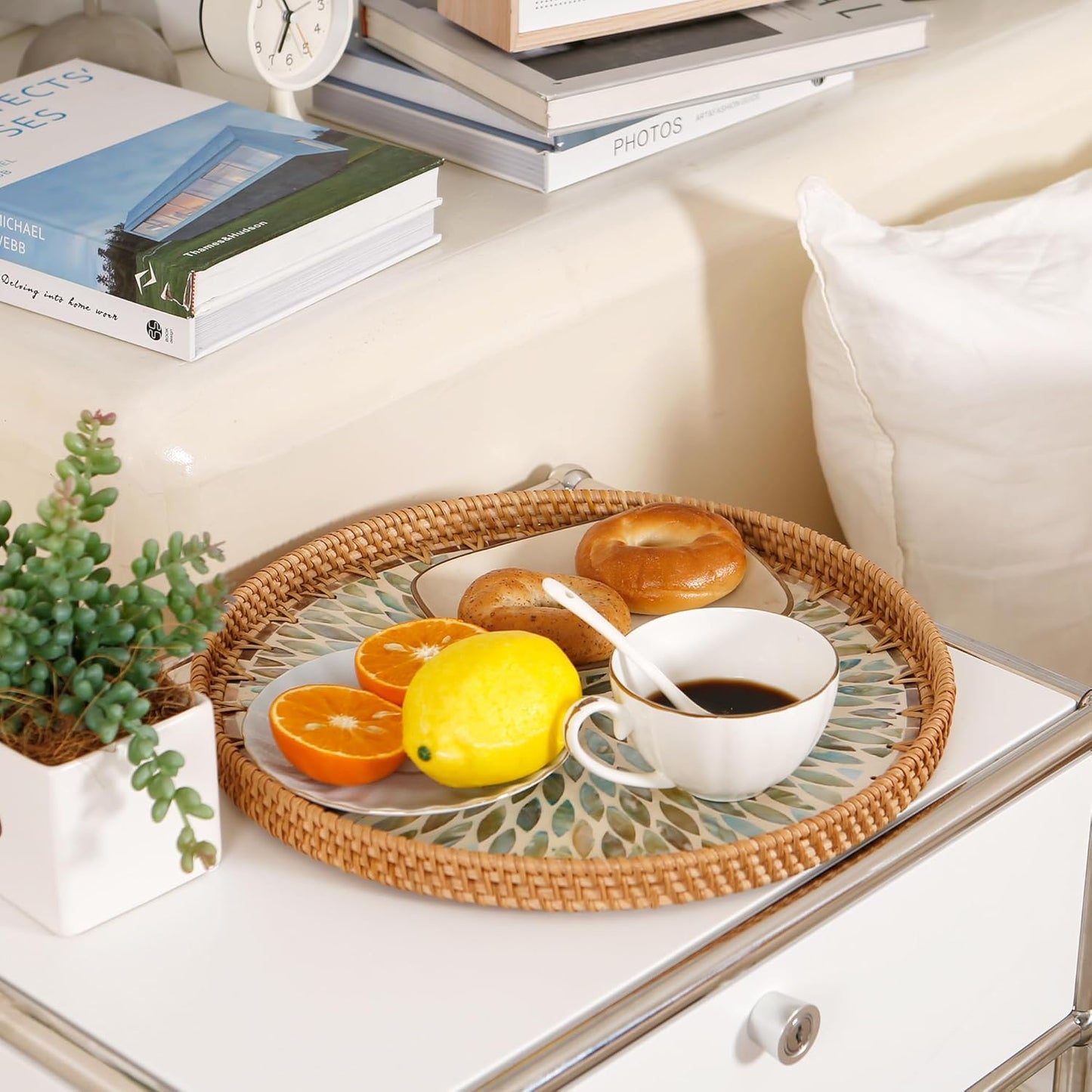 Round Rattan Tray with Mother of Pearl Inlay & Wooden Base - Decorative Wicker Serving Tray for Coffee/Bread/Fruits, Food Storage & Display - Multipurpose Home Decor (M,Colorful Leaves)