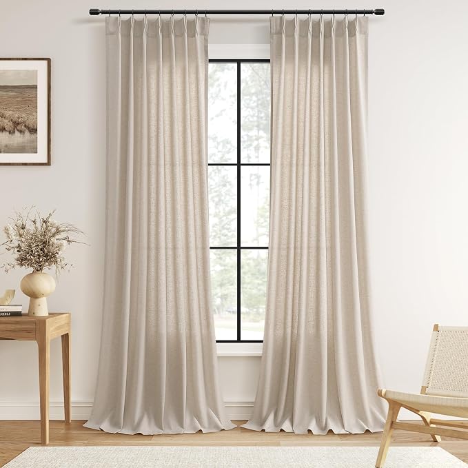 Oatmeal Beige Pinch Pleated Linen Curtains 90 Inches Long Country Boho Farmhouse Semi Sheer Textured Linen Blended Light Filtering Curtain for Living Room Bedroom Pleated Drapes with Hooks Rings 40x90