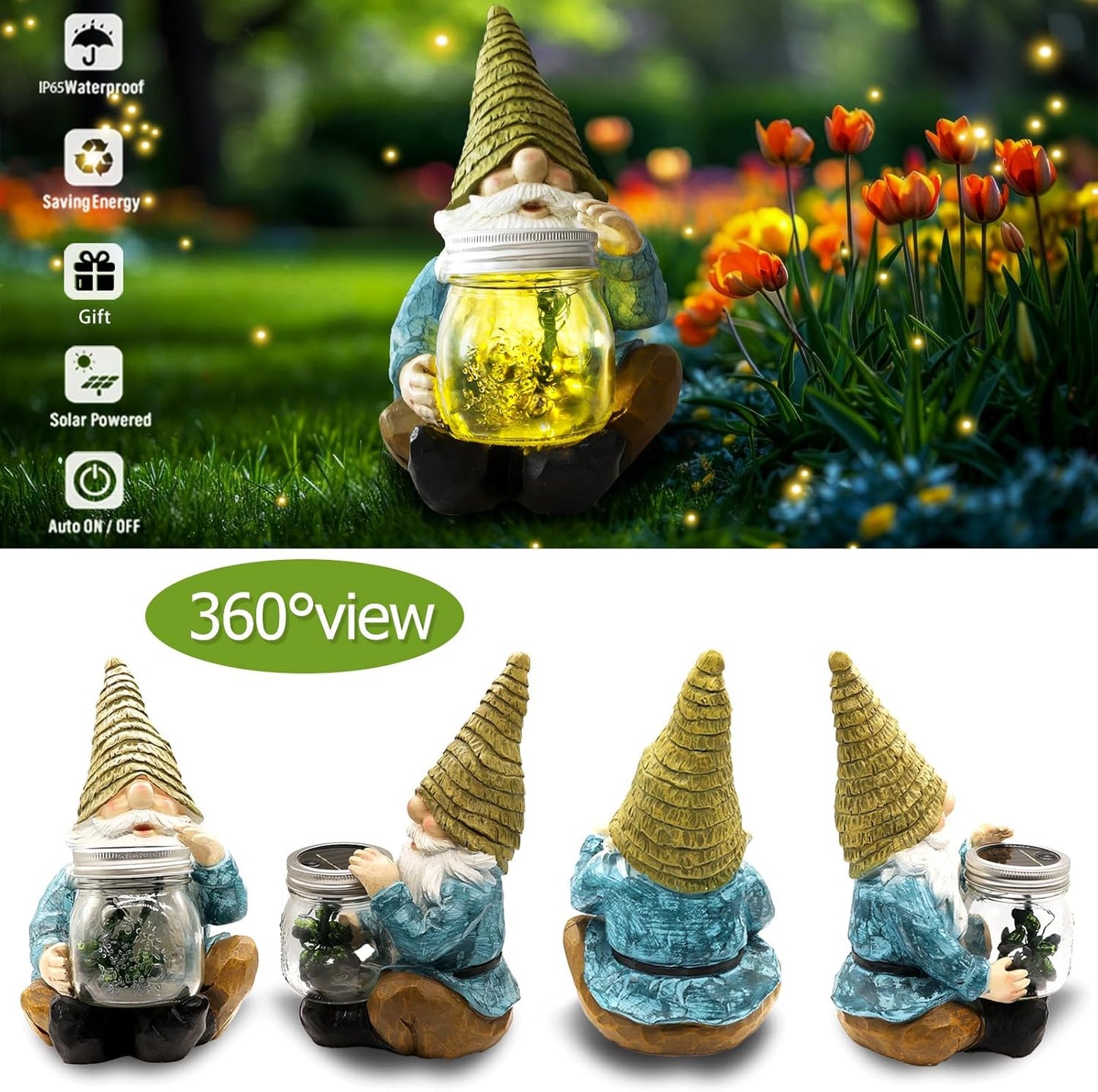 Solar Firefly Jar Gnome Waterproof- Large Garden Gnome Funny Solar Outdoor LED Lights Resin Statues 10.6" Lantern Figurines Decorations Birthday Gifts for Mom Women - Unique Housewarming Gifts