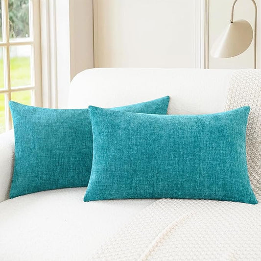 CaliTime Throw Pillow Covers Decorative 12 X 20 Inches Pack of 2 Cozy Chenille Cushion Cases for Couch Sofa Bed Living Room Home Lake Blue
