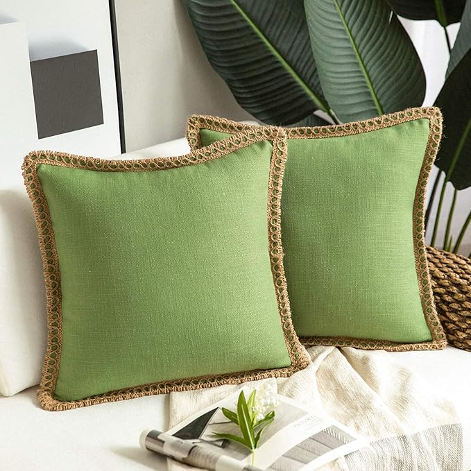 Phantoscope Pack of 2 Farmhouse Decorative Throw Pillow Covers Burlap Linen Pillow Covers Trimmed Tailored Edges Green 18 x 18 inches, 45 x 45 cm