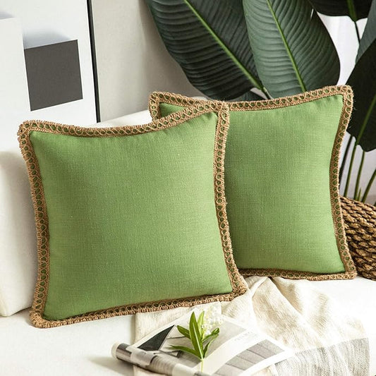 Phantoscope Pack of 2 Farmhouse Decorative Throw Pillow Covers Burlap Linen Pillow Covers Trimmed Tailored Edges Green 20 x 20 inches, 50 x 50 cm
