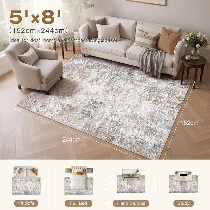 UERMEI 5x8 Area Rug Living Room Rugs - Washable Neutral Modern Abstract Soft Thin Large Rug Indoor Floor No Slip Rug Carpet for Bedroom Under Dining Table Home Office Decor - Brown Grey