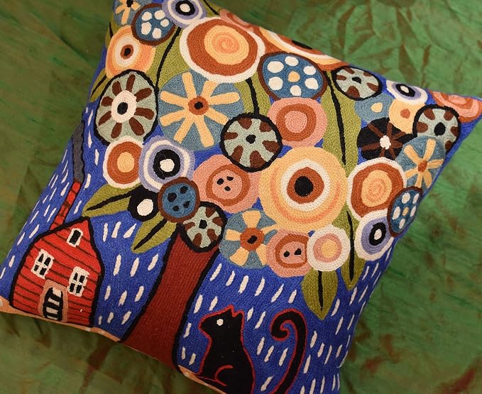 Blue Tree of Life Throw Pillow Cover | Karla Gerard Floral Pillows | Blue Flower Pillows | Floral Chair Cushion | Flower Couch Pillow | Hand Embroidered Cushions Wool Size - 18x18