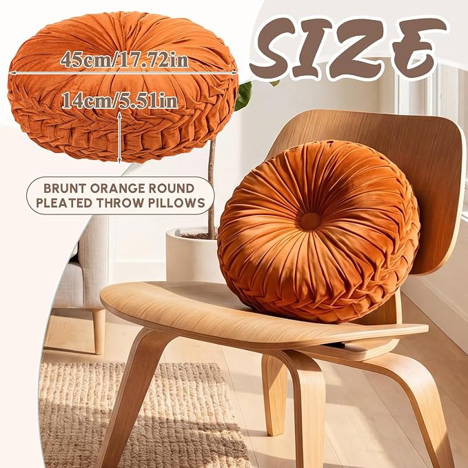 Drydiet 1 Pcs Round Throw Velvet Pillows Decorative Pleated Throw Pillows 18'' Diameter Accent Pumpkin Boho Chair Cushion for Couch Sofa Home Decoration (Brunt Orange)