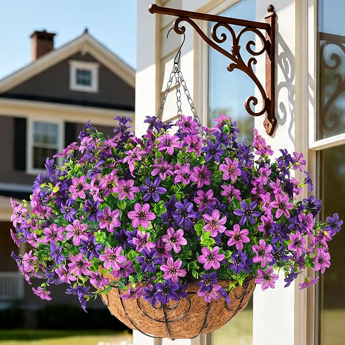 Artificial Flowers Fake Hanging Baskets for Outdoor Spring Summer Decoration, 12 Bundles Faux Hanging Plants UV Resistant, Realistic Silk Flowers for Outside Planters Porch Patio Balcony Yard Garden