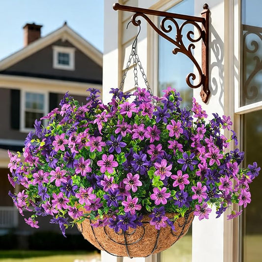 Artificial Flowers Fake Hanging Baskets for Outdoor Spring Summer Decoration, 12 Bundles Faux Hanging Plants UV Resistant, Realistic Silk Flowers for Outside Planters Porch Patio Balcony Yard Garden