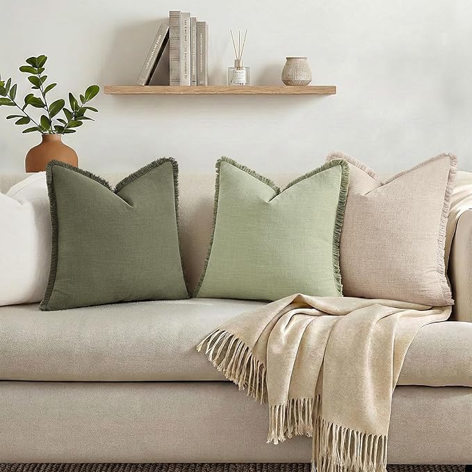 decorUhome Summer Decorative Neutral Linen Fringe Euro Sham Throw Pillow Covers Set of 2 Sage Green Pillow Covers with Tassels Soft Farmhouse Boho Accent Pillow Cases for Couch Bed Sofa 26x26 Inch