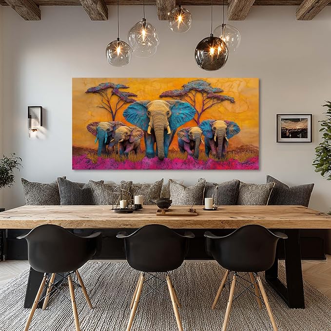 Ggaafet Colorful Elephant Wall Art for Living Room Canvas Painting Prints Beautiful Cute African Purple Surreal Art Deco Modern Artwork Office Bedroom Family Dining Room Decor Extra Large