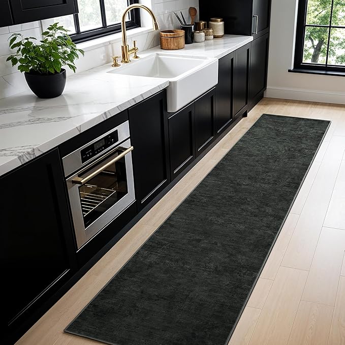 LIANLAM 2x6 Washable Runner Rugs, Black Stainproof Non-Slip for Hallway | Low pile washable runner rug, stain-resistant & non-slip backing, pet & kids friendly for hallway kitchen bedroom(2x6,Black)