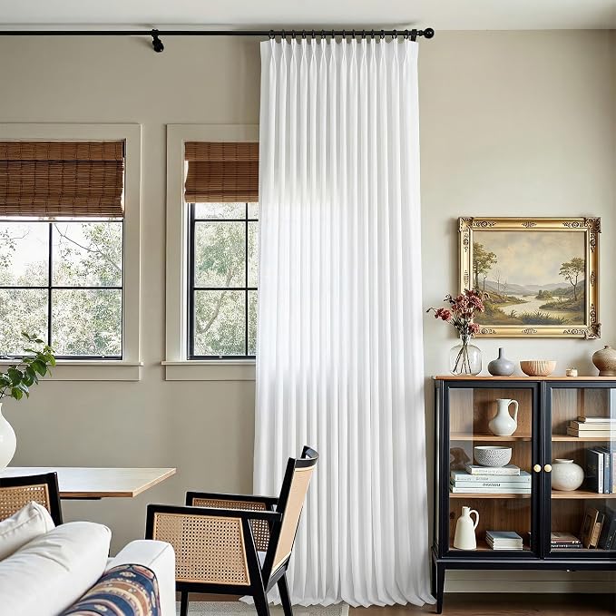 White Short Linen Curtains 45 Inch Length 2 Panel Set for Small Windows Bedroom Rustic Farmhouse Linen Cotton Light Filtering Pinch Pleated Drapes Back Tab Semi Sheer Kitchen Curtains 45 Inches Long