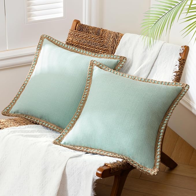 Phantoscope Pack of 2 Farmhouse Decorative Solid Throw Decorative Pillow Cover Burlap Linen Trimmed Tailored Edges, Light Turquoise 26 x 26 inches, 65 x 65 cm
