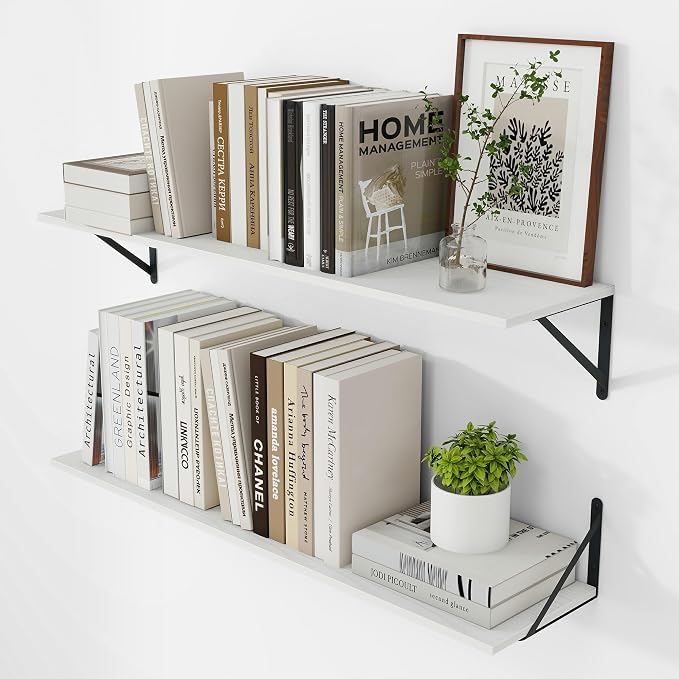 Vivelove White Deep Floating Shelves for Wall, 36W x 8D Wood Wall Shelves Set of 2, Wide Floating Bookshelf for Living Room, Kitchen, Office, Bedroom and Decor Storage, with Black Bracket - White