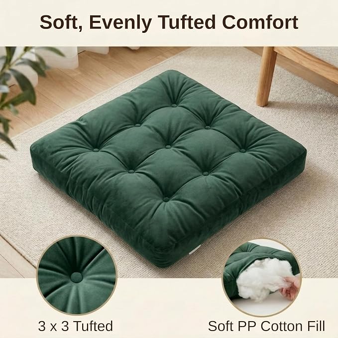 Floor Pillow for Adults, Soft Velvet Floor Cushion for Sitting, Single Square Tufted Floor Pillow for Reading Nook, Living Room, Bedroom, 22 x 22 Inch, Green