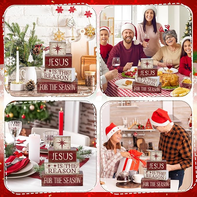 Lineshading 4 Pcs Christmas Table Decoration Jesus Decor Christmas Tiered Tray Decor Christian Centerpiece Decorative Jesus Block Signs Gift Farmhouse for Religious Home Office Tabletop Kitchen Office