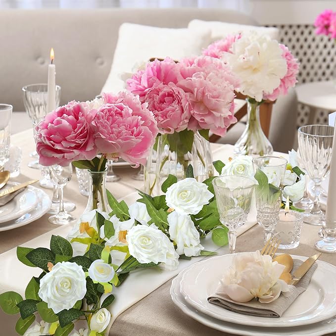 Sggvecsy 2Pcs 15.5Ft Artificial Rose Vine Fake Flower Garland Floral Garland Faux Silk Hanging Vine Rose Ivy Vines for Wedding Arch Party Wall Garden Ceremony Background Outdoor Decor (White)