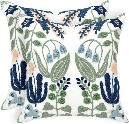 Alysheer Spring Floral Embroidered Decorative Throw Pillow Covers 18"x 18" Set of 2, Farmhouse Navy Blue Flowers Green Leaves Tufted Patterned Cotton Cushion Cases for Couch Bed Living Room Decor