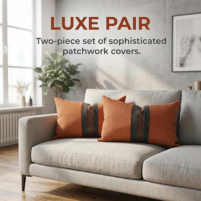 BOYSUM Set of 2 Leather Throw Pillow Covers Lumbar Cotton Linen Decor Patchwork Pillow Cover Faux Leather Pillows Cover for Couch Sofa Living Room Bedroom,Orange 12"x20"