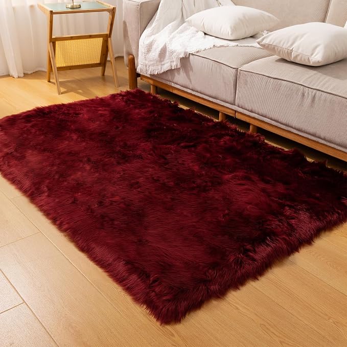 Faux Fur Rug Burgundy Sheepskin Area Rug,Ultra Soft 4x6 ft Rectangular Shaggy Plush Rug for Bedroom Sofa Floor Bedside Living Room Kids Room