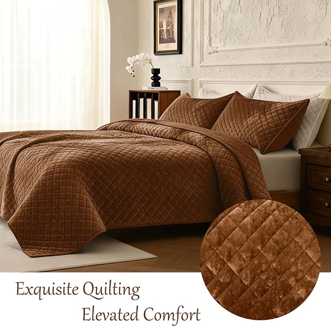 3-Piece Velvet Quilt Set Oversized King Size 120"x120" Bed Blanket Quilted Bedspread Soft Luxury Bedding with 2 Pillow Shams 20''x36'' for All-Season,Caramel