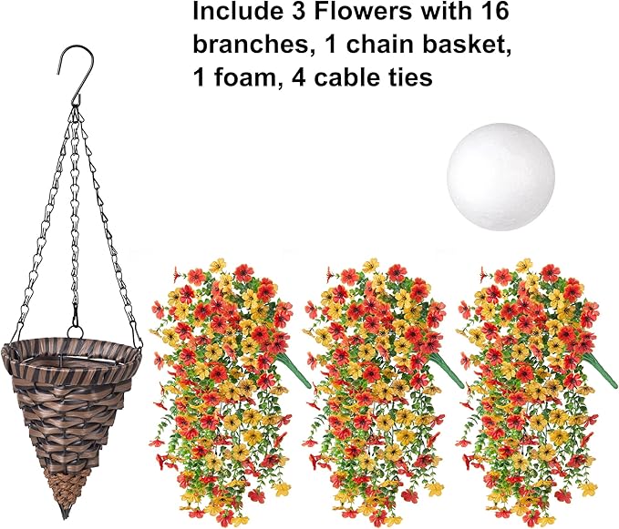 HyeFlora Artificial Hanging Flowers Basket for Outdoor, Fake Flowers Faux Plants Look Real for Yard Gardens Porch Patio Home (Orange+Yellow)