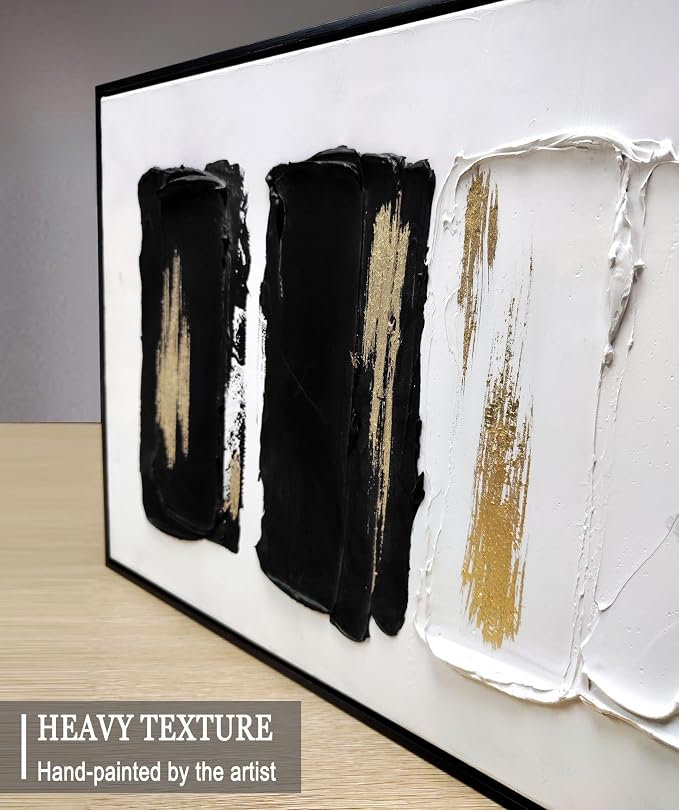 Sofoney - Black Framed Black and White Abstract Wall Art with Gold Foil Hand Painted Black and Gold Brushstrokes Oil Painting Heavy Textured Canvas Wall Decor for Living Room Bedroom Bathroom- 18"x24"