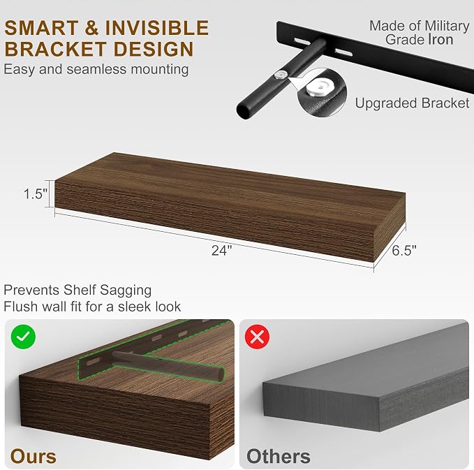 Fun Memories Floating Shelves for Wall, 24 Inch Floating Shelves Set of 2, Hanging Shelf with Invisible Brackets, Wood Shelves for Living Room, Bedroom, Kitchen, Walnut