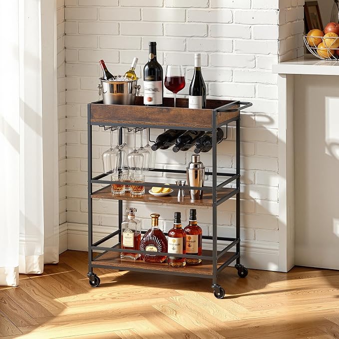 VEVOR Bar Cart, 3 Tiers Home Kitchen Serving Carts, Industrial Rolling Utility Station on Wheel, Mobile Drink Beverage Shelf with Wine Rack & Glass Holder, 26.77x14.17x32.68 in, Rustic Brown and Black