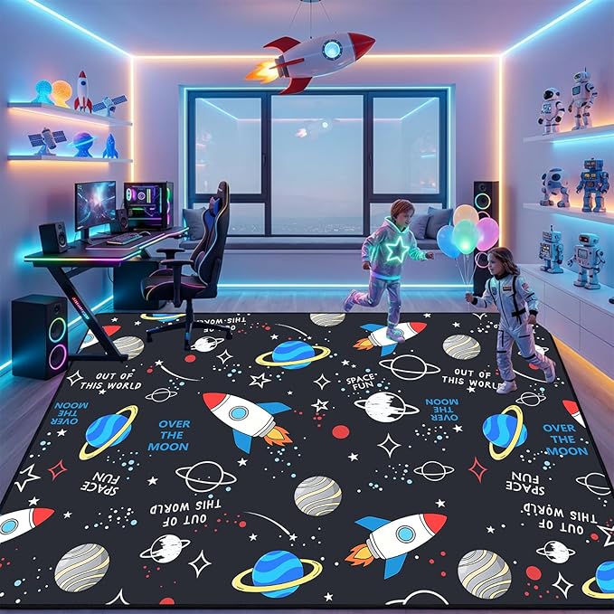 Space Rug 8x10 Feet, Solar System Kids Rugs for Playroom with Rocket Planet Star Pattern, Non Slip Soft Floor Carpet for Boys Bedroom Nursery, Outer Space Theme Educational Play Mat