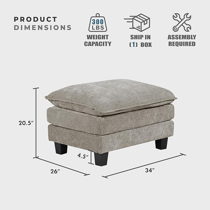 Lexicon Chenille Upholstered Rectangle Ottoman, Foot Stool, Black Faux Wood Feet, Durable Frame, Large Padded, Modular Sectional Couch Add Ons for Living Room, Bedroom, Assembly Required, Dark Pewter