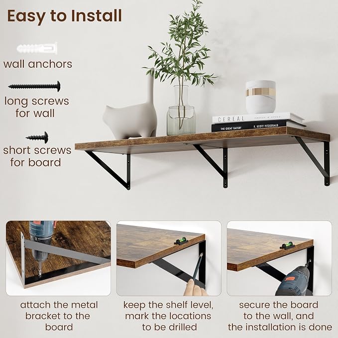 Axeman 12 Inch Deep Floating Shelves for Wall - 36 Inch Wide x 12 Inch Deep Wall Shelves Set of 2 - Rustic Wood Floating Shelves for Living Room