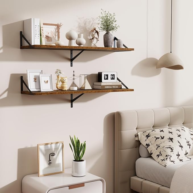 Floating Shelves for Wall,40" Wall Mounted Shelves Set of 2,Long Wood Floating Shelves,Hanging Wide Display & Storage Shelf with Metal Brackets for Bathroom,Bedroom,Kitchen,Living Room,Rustic Brown