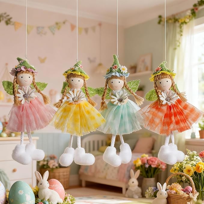Eimilaly Four-Color Daisy Sprites Ornaments Spring Gnome for Home Decorations, Tomte Gnomes Set Ornaments for Garden or Rustic Theme Party Gnome Decor - 4PCS