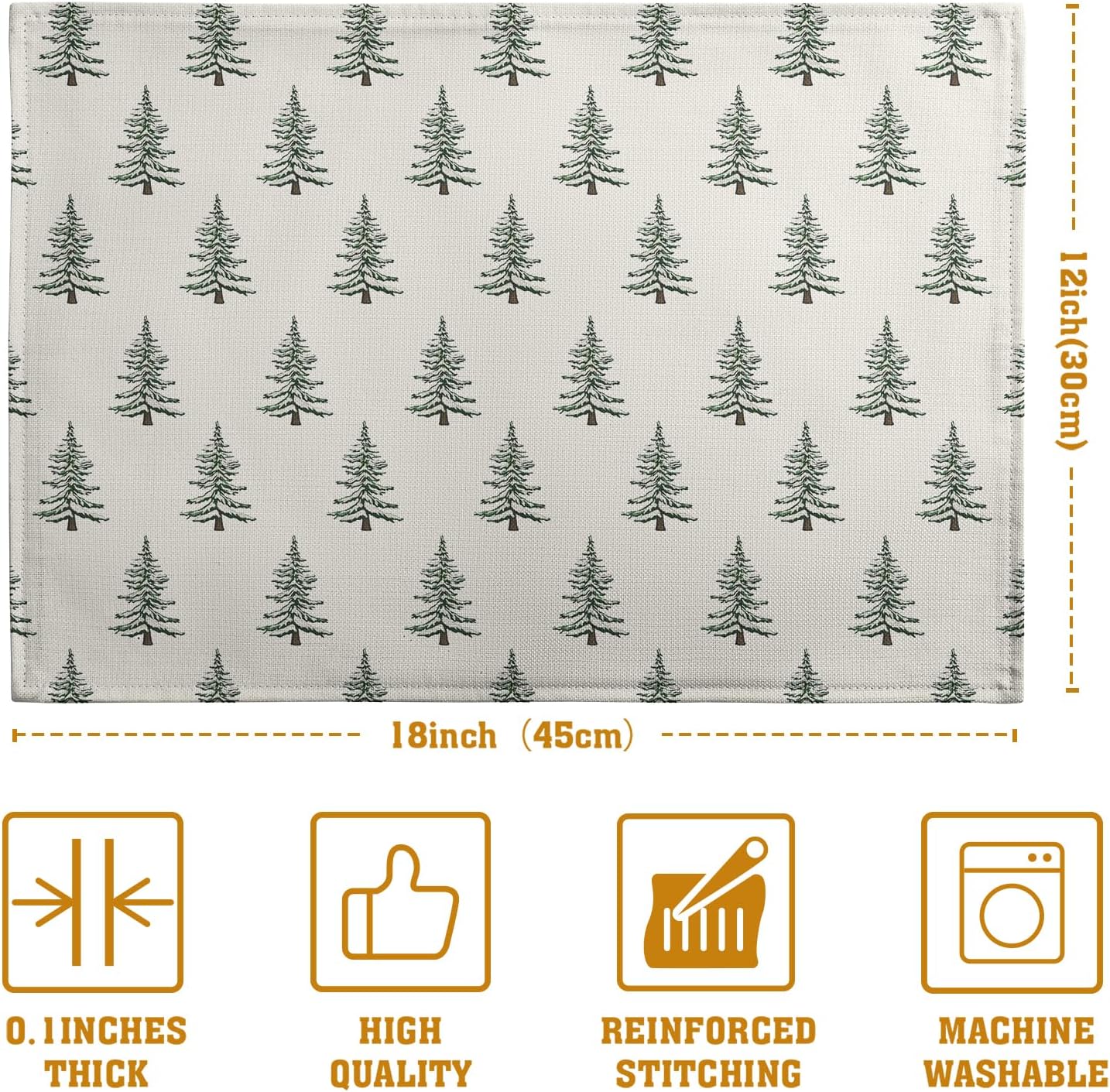 Pine Trees Christmas Placemats Set of 4 Xmas Tree Vintage Rustic Print Place Mats Winter Holiday Green White Farmhouse Linen Table Mats for Indoor Outdoor Kitchen Dining Party Decor