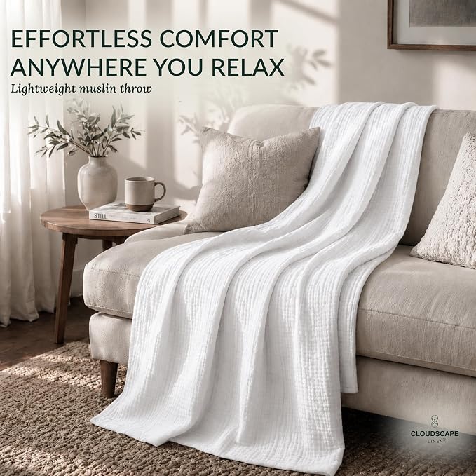 CLOUDSCAPE 4 Layer Muslin Blanket for Adults - 100% Cotton Throw Blanket - 50"x70" Oversized Gauze Throw for Sofa, Couch - Soft Lightweight Breathable Muslin Cotton Throws for Summer - White