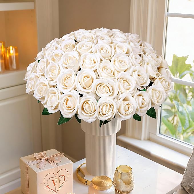 50 PCS Champagne Roses Artificial Flowers, Fake Roses with Stem Realistic Silk Rose for DIY Wedding Bouquets Table Centerpieces Arrangements Baby Shower Birthday Home Decor Valentines Day Gift for Her