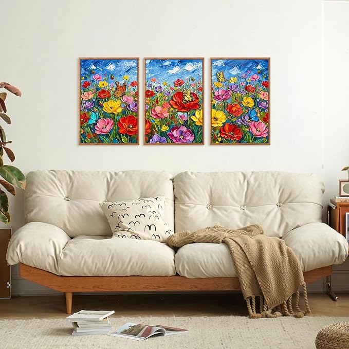 CHDITB 3D Textured Impasto Floral Poppy Framed Canvas Wall Art Set,Modern Butterfly Wildflower Country Wall Decor,Vibrant Colorful Spring Flower Art Prints for Living Room Bedroom Farmhouse 16"x24"x3