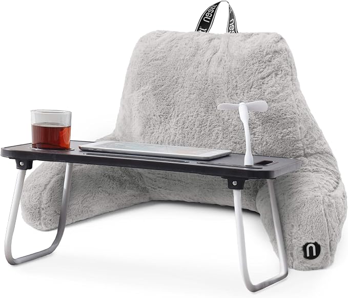 Nestl Fur Reading Pillow with Laptop Lap Desk, Stylish Back Pillow for Sitting Up, Lap Desk with Reading Pillows for Sitting in Bed Adult & Kids, Faux Fur Chair Pillow with Arms - Light Grey