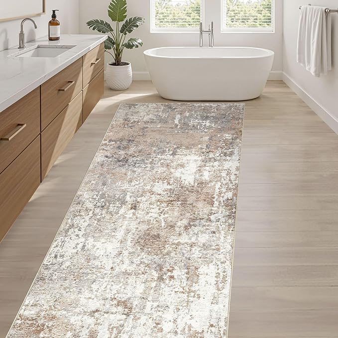 Runner Rug Kitchen Washable Rugs: 2x10 Non-Slip Abstract Soft Modern Stain Resistant Indoor Floor Neutral Accent Throw Carpet for Hallway Bathroom Laundry Room Entryway Bedroom- Brown