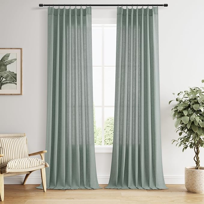 Guken Desert Sage Pinch Pleated Linen Curtains 90 Inches Long Farmhouse Country Semi Sheer Textured Linen Blended Light Filtering Curtain for Living Room Bedroom Pleated Drapes with Hooks Rings 40x90