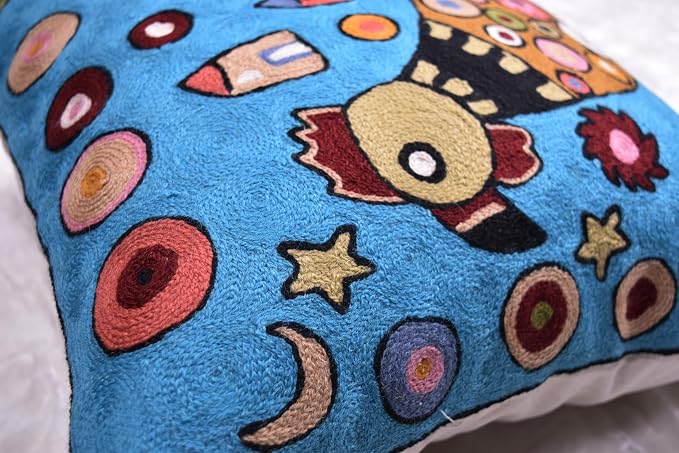 Turquoise Rooster Accent Pillow Cover Bird Cockerel Decorative Pillowcase Karla Gerard Farmhouse Sofa Cushions Hand Embroidered Wool 18x18 Inch