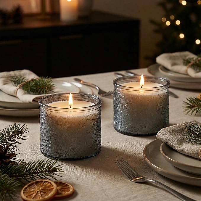 10 oz Gray Mandala Glass Candle Jars with Bamboo Lids, 9 Pack | Patented Embossed Design, Includes Wick Centering Devices & Warning Labels, Multiple Color Options