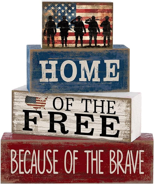 4 Pcs Patriotic Memorial Day Decorations 4th of July Tabletop Decorations Red White Blue Table Centerpieces Fourth of July Wooden Sign for Office Tiered Tray Home Shelf 250th Anniversary