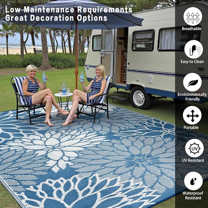HUGEAR 6'x9' Outdoor Rug Waterproof Plastic Straw Rugs Blue Reversible Floral Mat Floor Carpet for Camping RV Deck Entryance Porch Picnic Balcony Beach Backyard