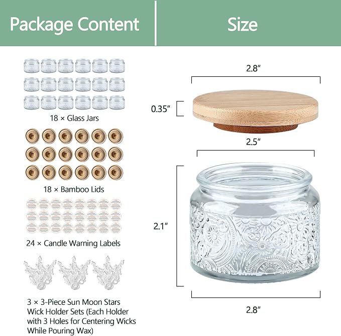 4 oz Gray Sun Moon Stars Candle Jars with Bamboo Lids, 18 Pack | Patented Embossed Design, Includes Wick Centering Devices & Warning Labels, Multiple Color Options