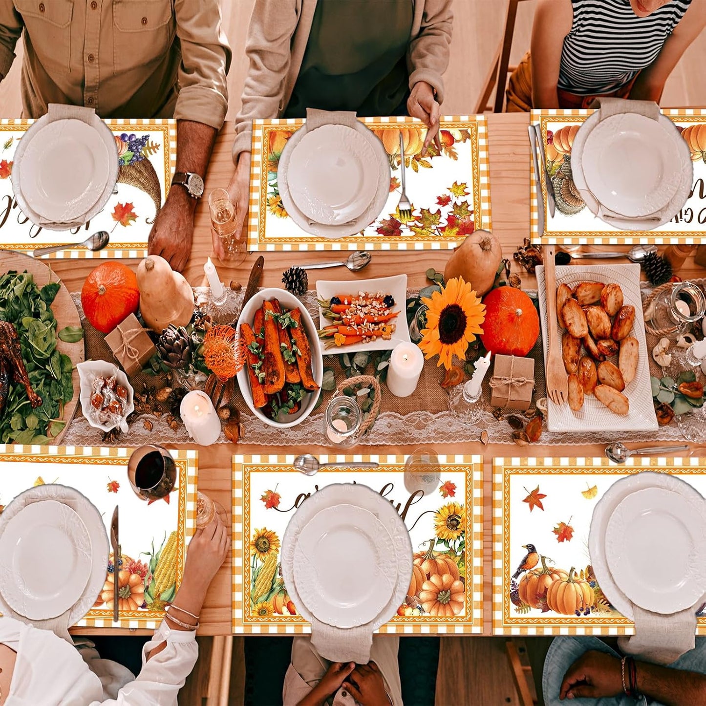 Thanksgiving Placemats Set of 6 Thanksgiving Day Plastic Table Mats Welcome Fall Place Mats Washable Vinyl Rustic Holiday Table Decoration for Indoor Outdoor Autumn Party Kitchen Dining