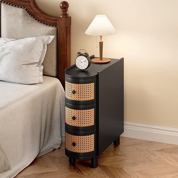 LITTLE TREE Solid Wood End Table Set of 2, Rattan Narrow Side Table with 3 Drawers, No Assembly Required, Nightstand Bedside Tables for Living Room, Bedroom, Office, Bathroom, Black