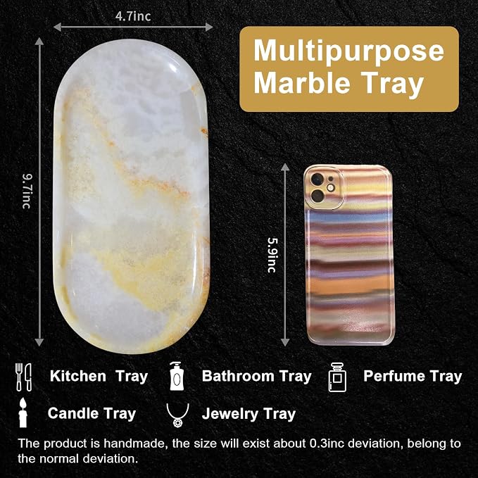 Marble Tray for Kitchen Counter & Bathroom Countertop,Stone Vanity Tray for Dresser Decor,Small Storage Tray for Perfumes, Jewelry,Candles,Durable & Waterproof (Transparent White)
